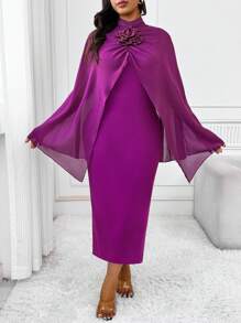 SHEIN Clasi Plus Size Women V-Neck Solid Color + Cape Poncho Dress Wedding Day Wedding Guest - Red Violet - View 3