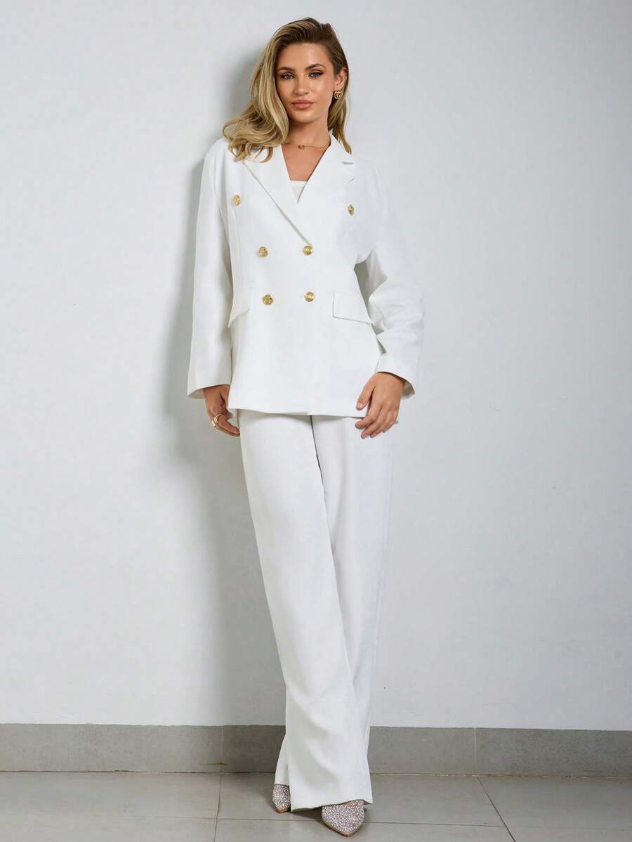 CLARA VERO Women Simple Business Solid Color Lapel Neck Double Breasted Blazer And Pants - White - View 1