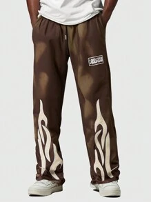 ROMWE MEN Street Life 男式扎染撞色印花抽绳运动裤 - 咖啡棕 - 查看 1