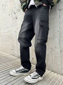 Manfinity Hypemode Men's Casual Washed Tapered Cargo Jeans - Black - View 7