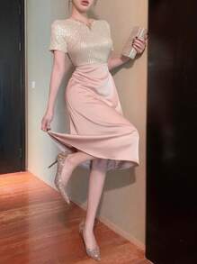 DAZY 亮片拼接圆领及膝女式连衣裙 舞会礼服 吊带裙，正式女装 优雅女装 新年女装 嘉年华服装