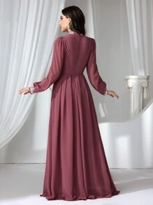 Coutiva Women Contrast Rhinestone Mock Neck Long Sleeve Prom Party Dress, Wedding Guest Dress, Formal Dress, Evening Dress