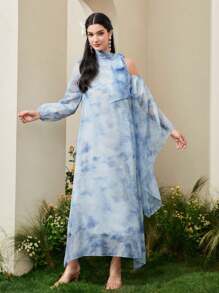 Modelyn Sukienka damska z asymetrycznymi rękawami i wiązaniem na ramionach - Niebieski - Zobacz 3