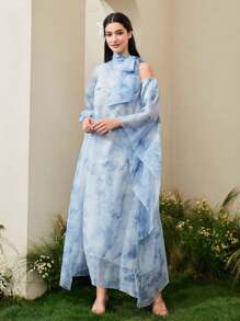 Modelyn Sukienka damska z asymetrycznymi rękawami i wiązaniem na ramionach - Niebieski - Zobacz 5