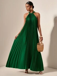 Zivah Beach Spring And Summer Casual Vacation Light Vacation Daily Dating Halterneck Sleeveless Pleated A-Hem Loose Dress Dark Green Women's Dress-A - Dark Green - View 4