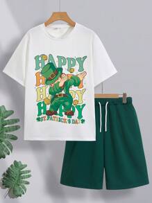 2 件套青少年男童休闲可爱字母印花圆领 T 恤和短裤套装，春夏 - 綠色 - 查看 1