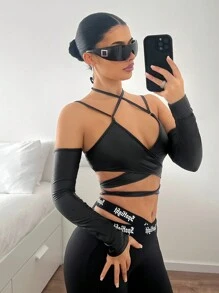 SHEIN ICON 女士合身交叉系带前袖可拆卸上衣