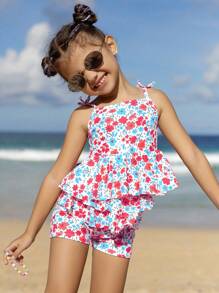 SHEIN Young Girls Flower Print Spaghetti Strap Tied-Front Top And Bottom Swimwear 2 Pieces Set