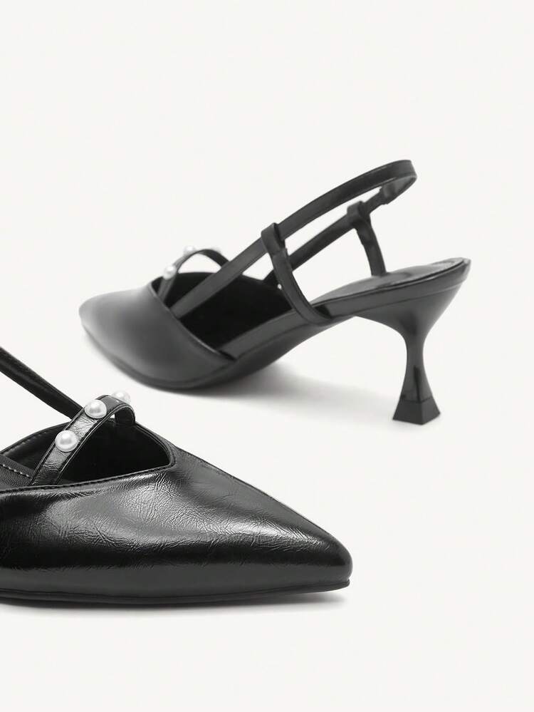 CUCCOO CHICEST Women's Faux Pearl Strappy Hollow-Out Pointed Toe Mid Heel Pumps, Elegant Commuting Sweet Formal Black Mule High Heels For Work, Date, Party, Afternoon Tea, Office Outfit Spring Shoes Spring Break Easter Prom Heels