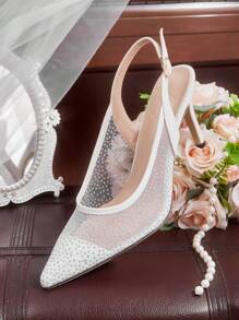 CUCCOO HITCHD Sepatu hak sedang berujung runcing berenda untuk wanita, dihiasi rhinestones, elegan untuk pesta pernikahan, pesta, dan kencan musim semi. - Putih - View 11