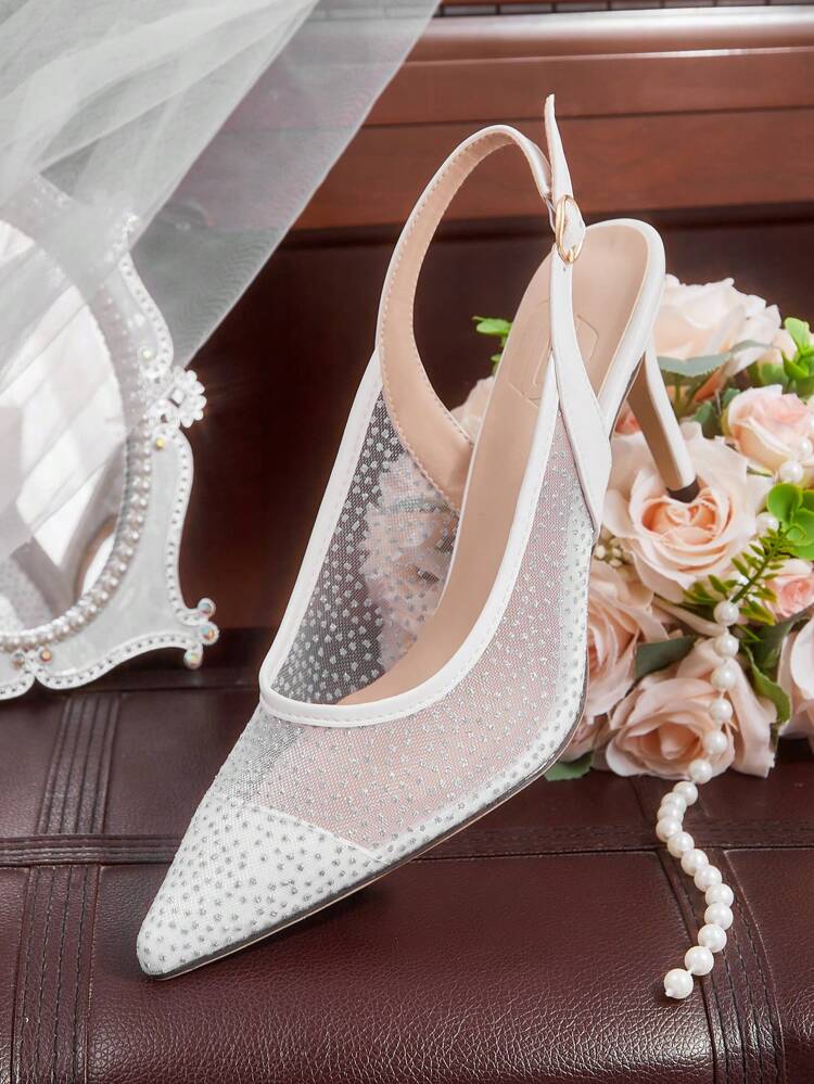 CUCCOO HITCHD Women's Lace Pointy Toe Mid-Heel Rhinestone Decorated Elegant Wedding Party Pumps, White Lace Net Mesh Slip-On High Heels For Bridal, Party, Date Spring Shoes