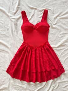 Soleia 浪漫露肩分层迷你连衣裙，适合节日、圣诞节、情人节、约会 - 红色套装 - 紅色 - 查看 6