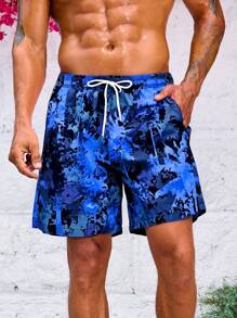 Manfinity Swimmode Men's Camouflage Print Drawstring Waist Beach Shorts Men Swim Trunks - Blue - View 6