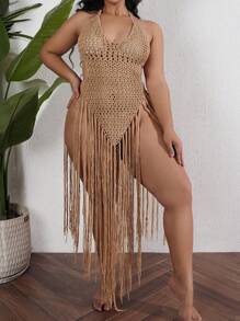 Swim SXY Plus Size Women Lightweight Fringe Hem Cover Up Dress With Side Slit, Tie Waist And Open Back, Beach Cover Up, For Summer Vacation - Khaki - View 3