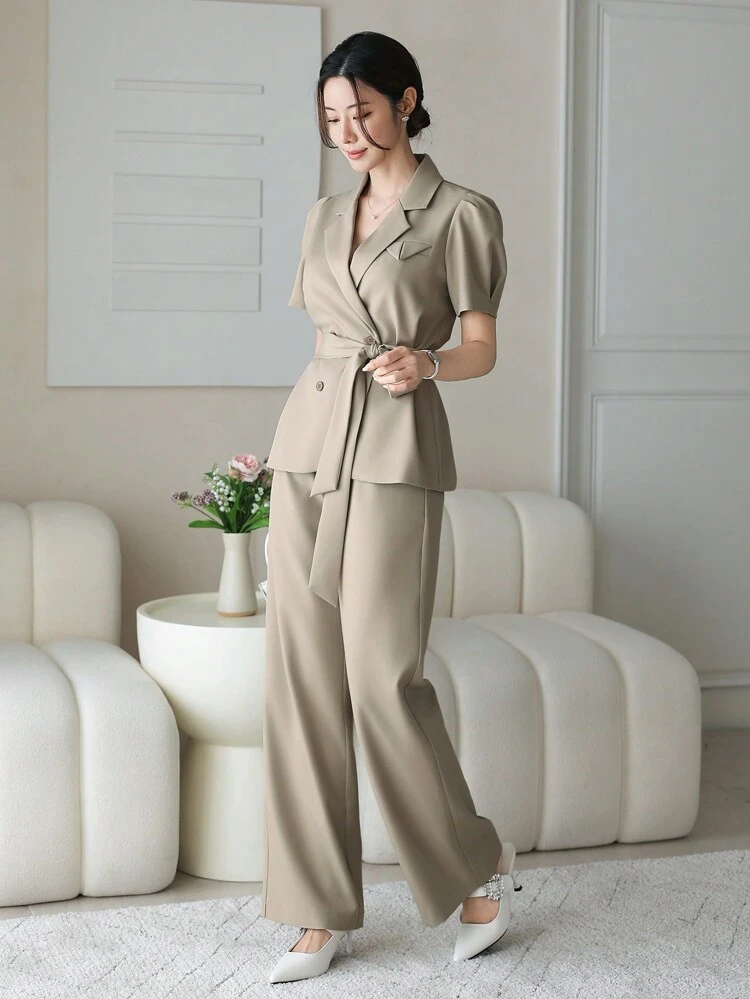 Solid Color Waist Belt 2 Pieces Suit, Blazer And Wide-Leg Pants Set For Women Lounge Sets For Women