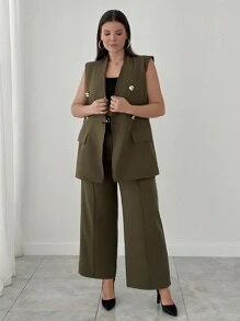 EURMUSE Bộ vest thanh lịch cỡ lớn kèm quần và - màu xanh lá - Xem 3