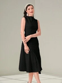 Modelyn 女士优雅纯色无袖立领连衣裙长款女士长款晚礼服 - 黑色 - 查看 4