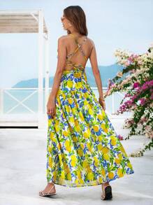 Vivid Eden Woven Printed Open Back Dress For Women,Women Summer Clothing,Vacation Style,For Beach Vacation - Yellow - View 9