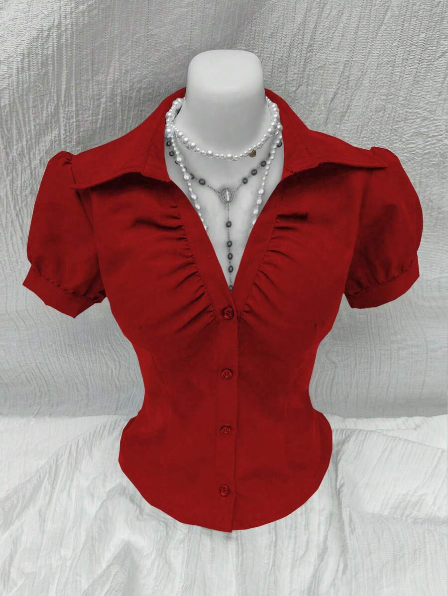 Sweetra V-Neck Ruched Bust Women Shirt, Fitted Short Sleeve Blouse (Consider Ordering One Size Up If Bust Needs More Room), Fashionable & Versatile For Office Wear, Christmas