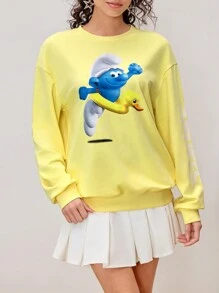 SHEIN X The Smurfs Felpa da donna casual con grafica a fumetti, scollo tondo e spalle scoperte - Giallo - Visualizzare 1