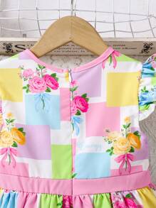 Vestido con estampado floral, cuello redondo y manga corta para niñas jóvenes y lindas