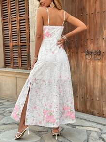 Breezaya Vestido de línea A para vacaciones con abertura lateral, cintura y tirantes con flores de estilo nicho francés para mujeres, elegante y ajustado