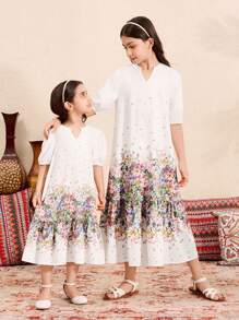 SHEIN Tween Girls V-Neck Puff Sleeve Loose Mid-Length A-Line Printed Dress - White - View 3