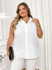 SHEIN CURVE+ 加大码/情人节/夏季简约休闲无袖纽扣衬衫，情人节，玫瑰，爱心，波点，爱，嘴唇，丘比特，3D花朵 - 白色 - 查看 5