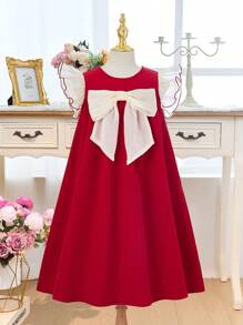 SHEIN Vestido A-line con bloque de color, decoración de moño y mangas cortas para niña preadolescente