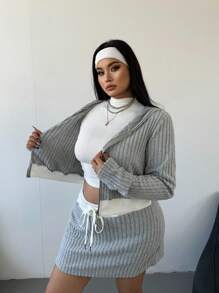 POPSWAY 2pcs/Set Plus Size Women Grey Casual Sport Pullover Sweatshirt And Mini Skirt Suit, Simple Style