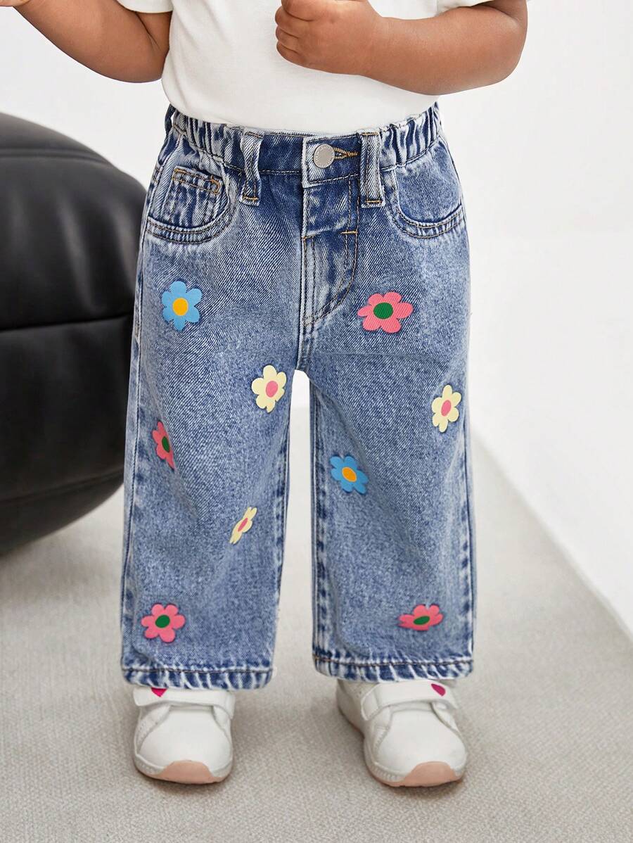 SHEIN 女婴可爱花卉图案蓝色直筒裤，女童春夏休闲度假乡村波西米亚风服装，女童沙滩装，春假狂欢装节日装 - 中等水洗藍 - 查看 1