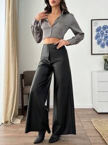 SHEIN Tall Zipper Detailed Slant Pockets Straight Fit Leather Pant - Black - View 3