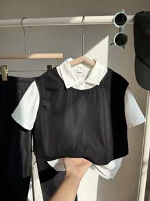 SHEIN Leap Crew 3pcs Young Boys' Korean Style Set,Round Neck Vest,Short Sleeve Shirt,Solid Color Pants,Summer,Family Matching,Back-To-School Kids' Outfits For School - Black and White - View 3