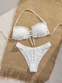 Conjunto de bikini de 2 piezas para mujer/niña con parte superior halter con cuello de encaje floral y Bottom tipo braguita con moño, adecuado para playa y resort