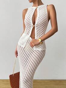 SHEIN Unity Set de 2 piezas de top sin mangas y falda tejidos a ganchillo con diseño calado - Blanco - Ver 7