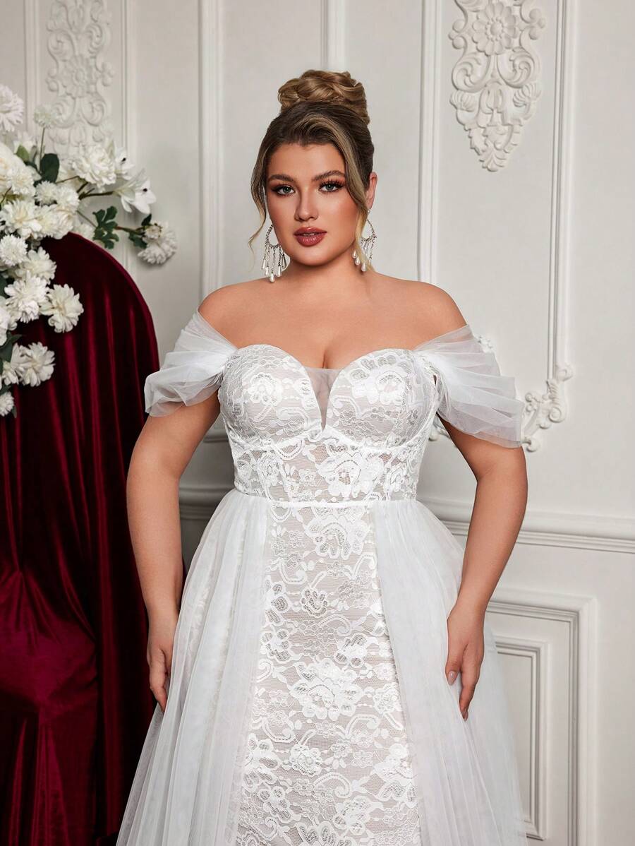 SHEIN Belle Plus Size Elegant Romantic White Off-Shoulder V-Neck Waist ...