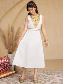 SHEIN 2pcs Teen Girls Fashion Foil Print Dress Set, Elegant Long Robe - White - View 6