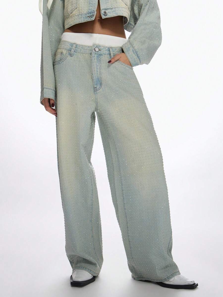 MISSGUIDED Pantalones vaqueros de pierna ancha con adornos de rhinestones Hotfix para fiestas, festivales y eventos de moda Y2K, ropa de club, jeans holgados, ropa de calle, danza y actuaciones - Azul - Ver 1