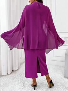 SHEIN Clasi Plus Size Women V-Neck Solid Color + Cape Poncho Dress Wedding Day Wedding Guest - Red Violet - View 2
