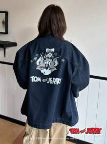 TOM AND JERRY X DAZY 女士休闲牛仔夹克，简约时尚，适合日常穿着 - 中等水洗藍 - 查看 4