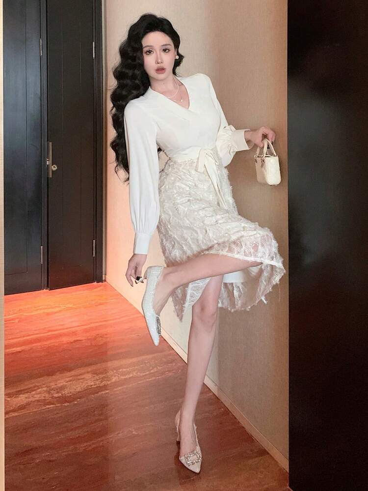 V-Neck Lace Patchwork Lantern Sleeve Belted Mid-Length Dress For Women Prom Dress,Fall Dress Long Sleeve Dress Elegant Women Dresses