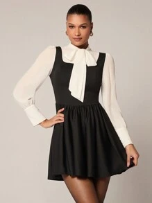 Glamine Vestido mini elegante con cuello de corbata y bloques de color