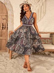 Breezaya Plus Size Women Bohemian Vintage Woven Tape Decor V-Neck Sleeveless Dress