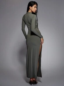 MISSGUIDED Elegant Long Sleeve Mock Neck Maxi Dress With Side Slit Cut-Out Waist Tie Detail Evening Party Formal Fall Winter Spring - Dark Green - View 2