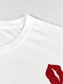 SHEIN Women Round Neck Short Sleeve Lips Print Casual Top, Everyday Wear - White - View 4