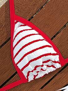 Swim Mod Women Striped Tie-Back Halter Bikini Top And Bottom Bikini Swimwear Set - Micro Triangle, For Summer Beach Vacation - Red and White - View 3