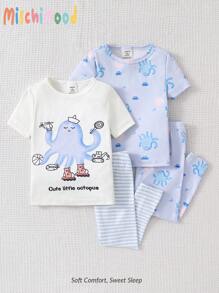 4pcs Baby Boy Casual Octopus Print Shirt & Pants Set, Comfortable Infant Homeware