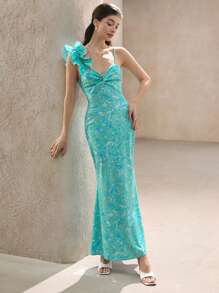 Chiquease Elegant Floral Print One Shoulder Ruched Ruffle Hem Fitted Mermaid Dress For Women, Romantic Holiday Resort Style All Over Print  For Summer - Multicolor - View 1