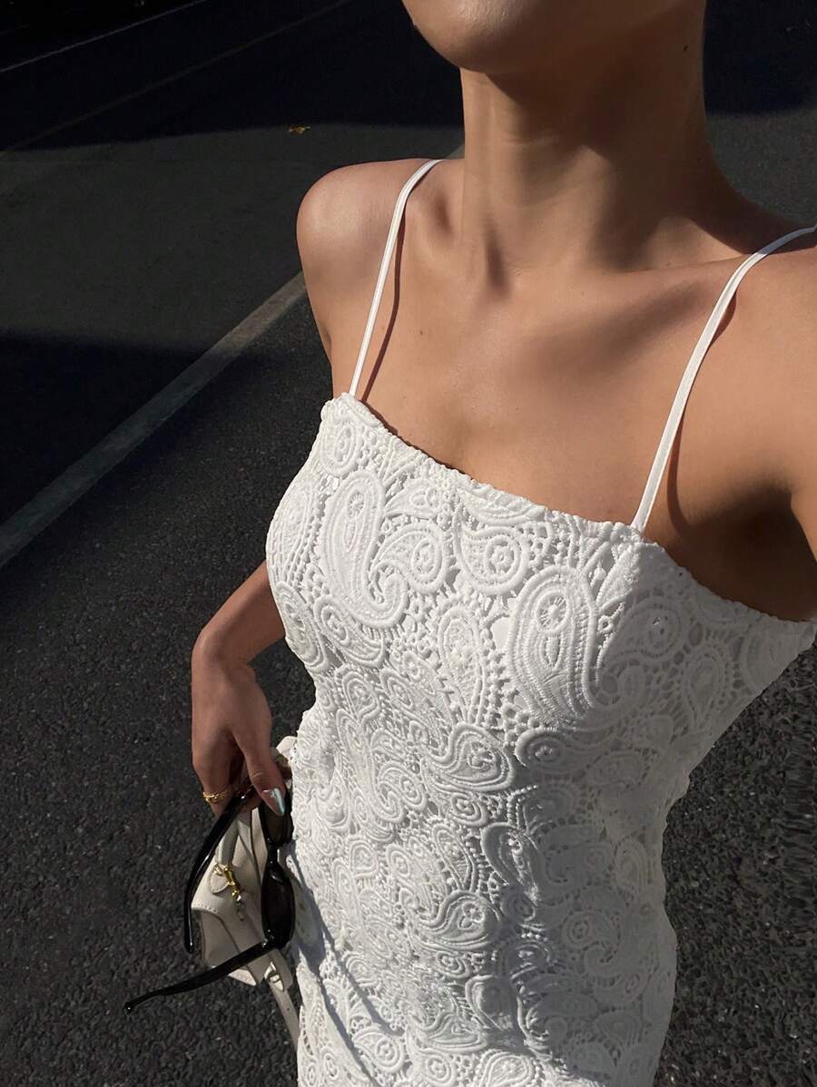 DAZY 女士蕾丝细肩带休闲紧身中长连衣裙太阳裙 - 白色 - 查看 1