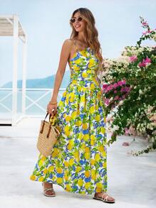 Vivid Eden Woven Printed Open Back Dress For Women,Women Summer Clothing,Vacation Style,For Beach Vacation - Yellow - View 3